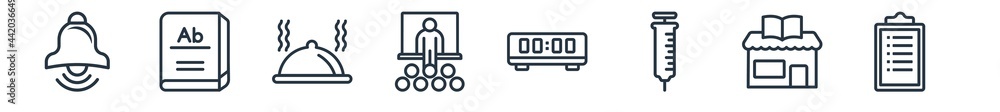 linear set of education outline icons. line vector icons such as bell, 3d dictionary, lunch, university class, digital timer, as vector illustration. linear set of education outline icons. line vector icons such as bell, 3d dictionary, lunch, university class, digital timer, as vector illustration.