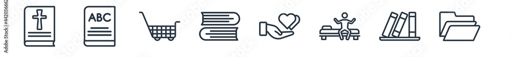 linear set of education outline icons. line vector icons such as religion, alphabet book, shopping cart, books, hand care, folder vector illustration. linear set of education outline icons. line vector icons such as religion, alphabet book, shopping cart, books, hand care, folder vector illustration.