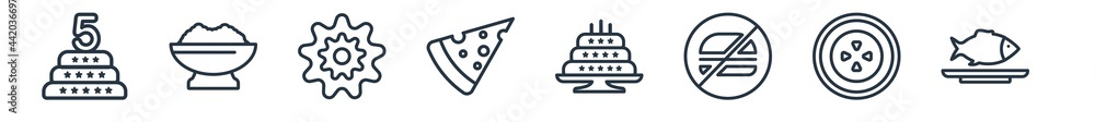 linear set of food outline icons. line vector icons such as five birthday cake, chinese food, flower shaped biscuits, triangular pizza slice, birthday cake with candles, cooked fish vector linear set of food outline icons. line vector icons such as five birthday cake, chinese food, flower shaped biscuits, triangular pizza slice, birthday cake with candles, cooked fish vector