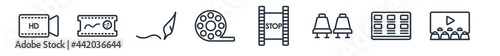 linear set of cinema outline icons. line vector icons such as hd video, animation, author, big film roll, freeze frame, cinema audience vector illustration.