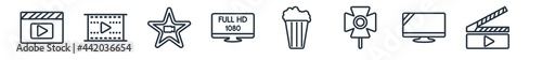 linear set of cinema outline icons. line vector icons such as movie player, movie film, cinema celebrity, 1080p full hd, popcorn box, cinema clapperboard vector illustration.