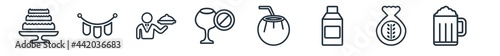 linear set of food outline icons. line vector icons such as celebration cake, congratulations, waiter with a roast chicken, no drinking, drink in a coconut, alcoholic vector illustration.