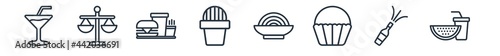 linear set of food outline icons. line vector icons such as cocktail on a glass, fair, drive through, mexican, foods, slice of melon and juice vector illustration.