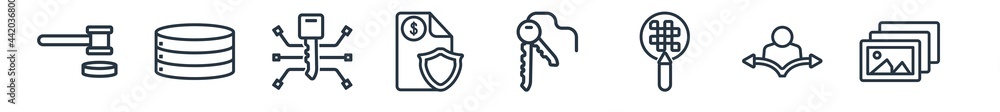 linear set of gdpr outline icons. line vector icons such as auction, data storage, encryption, penalty, key, photo vector illustration. linear set of gdpr outline icons. line vector icons such as auction, data storage, encryption, penalty, key, photo vector illustration.