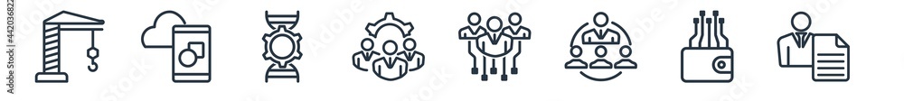 linear set of general outline icons. line vector icons such as building crane, digital product, bioengineering, hr policies, hr strategy, agent script vector illustration. linear set of general outline icons. line vector icons such as building crane, digital product, bioengineering, hr policies, hr strategy, agent script vector illustration.