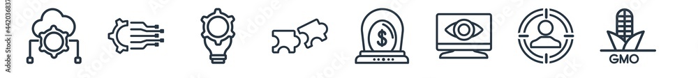 linear set of general outline icons. line vector icons such as cloud service, business intelligence, fintech innovation, compatibility, business incubator, gmo vector illustration. linear set of general outline icons. line vector icons such as cloud service, business intelligence, fintech innovation, compatibility, business incubator, gmo vector illustration.