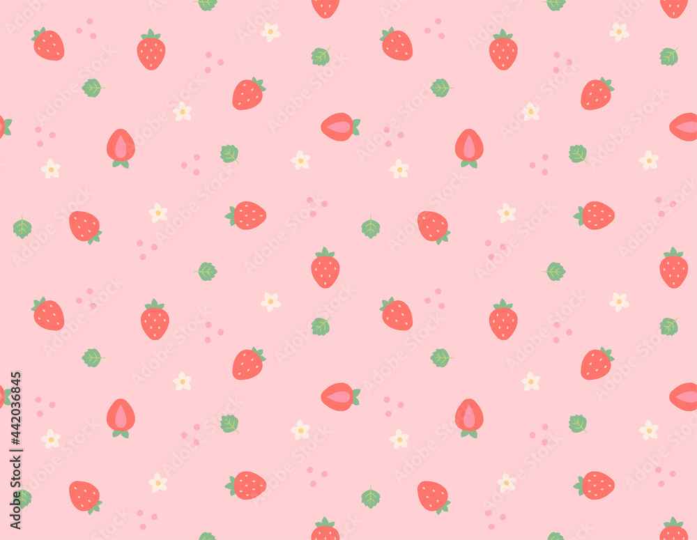 Fototapeta A pattern background with small and cute strawberries and flowers and leaves arranged randomly. Simple pattern design template.