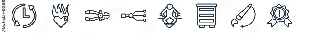 linear set of general outline icons. line vector icons such as clockwise, heart in flames, nippers, balancer, poverty, winning vector illustration.