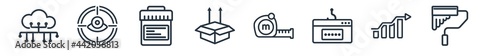 linear set of general outline icons. line vector icons such as internet of things, trackability, urine test, product release, tape measure, painting work vector illustration.