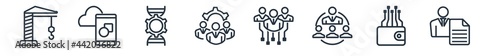 linear set of general outline icons. line vector icons such as building crane, digital product, bioengineering, hr policies, hr strategy, agent script vector illustration.