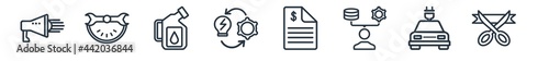 linear set of general outline icons. line vector icons such as agitation, build time, engine oil, implementation, cit report, inauguration vector illustration.