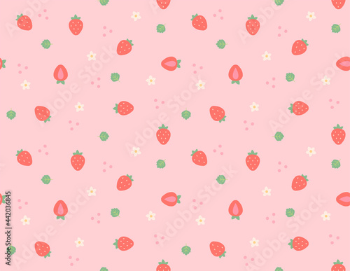 A pattern background with small and cute strawberries and flowers and leaves arranged randomly. Simple pattern design template.
