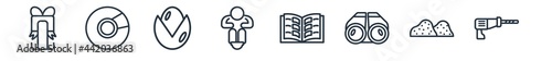 linear set of general outline icons. line vector icons such as birthday present, cd record, nuts, poor, yearbook, perforator vector illustration.
