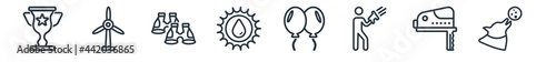 linear set of general outline icons. line vector icons such as win, renewable energy label, pair of binoculars, save water badge, floating balloons, wolf howling vector illustration.