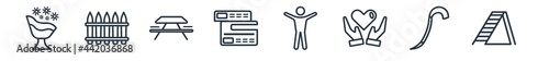 linear set of general outline icons. line vector icons such as daisy bouquet, wooden fence, picnic table with basket, cit cards, man with open arms, stepladder vector illustration.