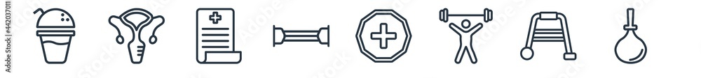 Fototapeta premium linear set of health and medical outline icons. line vector icons such as juice, gynecology, medical result, chest expander, medical, enema vector illustration.