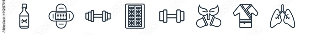 linear set of health and medical outline icons. line vector icons such as poisonous, band aid, dumbbells, medical strip, gym, lung vector illustration. linear set of health and medical outline icons. line vector icons such as poisonous, band aid, dumbbells, medical strip, gym, lung vector illustration.