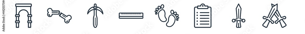 linear set of history outline icons. line vector icons such as arc, bone, pick, ruler, foot print, swords vector illustration. linear set of history outline icons. line vector icons such as arc, bone, pick, ruler, foot print, swords vector illustration.