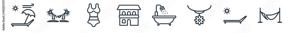 linear set of holidays outline icons. line vector icons such as sunbathing, hammock relaxing, swimming suit, hotels, bathing, hammocks vector illustration. linear set of holidays outline icons. line vector icons such as sunbathing, hammock relaxing, swimming suit, hotels, bathing, hammocks vector illustration.