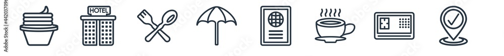 linear set of accommodation outline icons. line vector icons such as frozen yogurt, hotel, eating utensils, beach umbrella, passport, check in vector illustration. linear set of accommodation outline icons. line vector icons such as frozen yogurt, hotel, eating utensils, beach umbrella, passport, check in vector illustration.