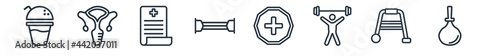 linear set of health and medical outline icons. line vector icons such as juice, gynecology, medical result, chest expander, medical, enema vector illustration.