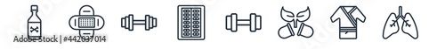 linear set of health and medical outline icons. line vector icons such as poisonous, band aid, dumbbells, medical strip, gym, lung vector illustration.