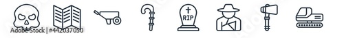 linear set of history outline icons. line vector icons such as skull, trifold, wheelbarrow, staff, tomb, digger vector illustration.