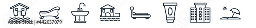 linear set of holidays outline icons. line vector icons such as beach hut, bathtube, basin, beach house, bed, vacations vector illustration.