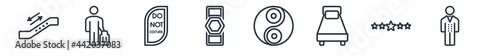 linear set of hotel outline icons. line vector icons such as escalator, guest, do not disturb, doorknob, yin yang, bellboy vector illustration.