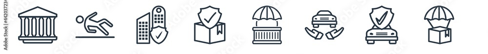 linear set of insurance outline icons. line vector icons such as courthouse, falling, building insurance, cargo insurance, transport delivery vector illustration.
