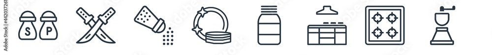 linear set of kitchen outline icons. line vector icons such as salt and pepper, knives, seasoning, dishes, jar, coffee grinder vector illustration.