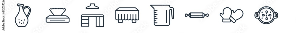 linear set of kitchen outline icons. line vector icons such as olive oil, napkin, kitchen cabinet, tablecloth, measuring cup, paella vector illustration.