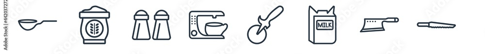 linear set of kitchen outline icons. line vector icons such as scoop, flour, spice jar, coffee machine, pizza cutter, steak knife vector illustration. linear set of kitchen outline icons. line vector icons such as scoop, flour, spice jar, coffee machine, pizza cutter, steak knife vector illustration.