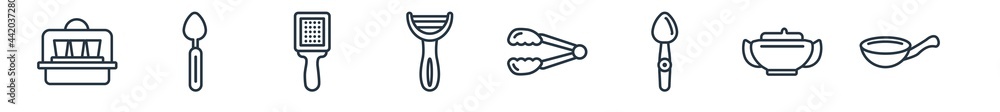linear set of kitchen outline icons. line vector icons such as yogurt maker, teaspoon, zester, vegetable peeler, tongs, wok vector illustration. linear set of kitchen outline icons. line vector icons such as yogurt maker, teaspoon, zester, vegetable peeler, tongs, wok vector illustration.