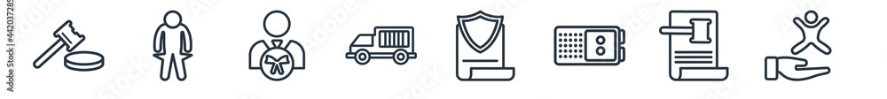 linear set of law and justice outline icons. line vector icons such as case closed, bankruptcy, attorney, prisoner transport vehicle, policy, child custody vector illustration. linear set of law and justice outline icons. line vector icons such as case closed, bankruptcy, attorney, prisoner transport vehicle, policy, child custody vector illustration.