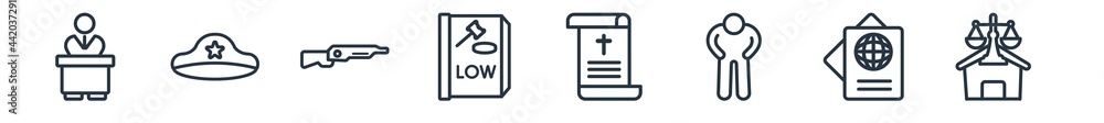 Fototapeta premium linear set of law and justice outline icons. line vector icons such as counsel, police hat, shotgun, constitutional law, death certificate, real estate law vector illustration.