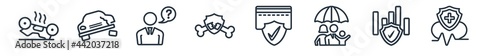 linear set of insurance outline icons. line vector icons such as overturned vehicle, crash, assistance, fracture, payment protection, health insurance vector illustration.