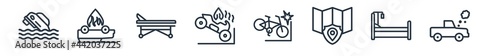 linear set of insurance outline icons. line vector icons such as flood risk, overturned car, hospital bed, motorcycle accident, becycle accident, total loss vector illustration.