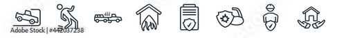 linear set of insurance outline icons. line vector icons such as parking crash, fall accident, rear end collision, fire insurance, contract coverage, house insurance vector illustration.