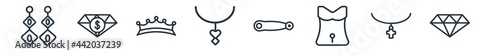 linear set of jewelry outline icons. line vector icons such as earring, pawn shop, tiara, locket, brooch, jewelry vector illustration.