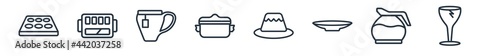linear set of kitchen outline icons. line vector icons such as muffin pan, tray, mug, pot, custard cup, glass vector illustration.
