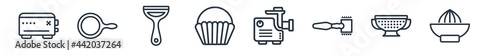 linear set of kitchen outline icons. line vector icons such as toaster, skillet, peeler, cupcake, meat grinder, juicer vector illustration.