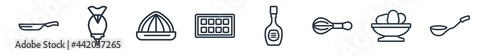 linear set of kitchen outline icons. line vector icons such as frying pan, pastry bag, molded, ice cube tray, ketchup, ladle vector illustration.