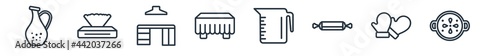 linear set of kitchen outline icons. line vector icons such as olive oil, napkin, kitchen cabinet, tablecloth, measuring cup, paella vector illustration.