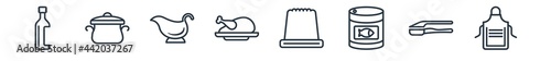 linear set of kitchen outline icons. line vector icons such as wine bottle, cooking pot, sauce, broiler, mould, apron vector illustration.