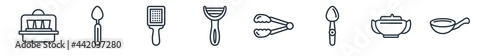 linear set of kitchen outline icons. line vector icons such as yogurt maker, teaspoon, zester, vegetable peeler, tongs, wok vector illustration.