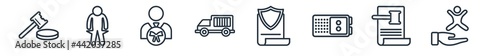 linear set of law and justice outline icons. line vector icons such as case closed, bankruptcy, attorney, prisoner transport vehicle, policy, child custody vector illustration.