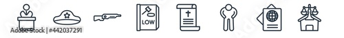 linear set of law and justice outline icons. line vector icons such as counsel, police hat, shotgun, constitutional law, death certificate, real estate law vector illustration.