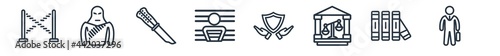 linear set of law and justice outline icons. line vector icons such as police line, terrorism, butterfly knife, criminal, qualified protection, employment vector illustration.