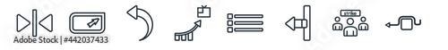linear set of user interface outline icons. line vector icons such as elevator arrows, corner widget, arrow address back, incentive, list button, detour vector illustration.